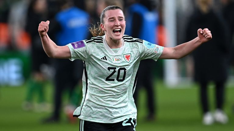 Carrie Jones of Wales celebrates victory following the UEFA Women's EURO 2025 Play-Off Round Two Second Leg match between Republic of Ireland and Wales at Aviva Stadium on December 03, 2024 in Dublin, Ireland. (Photo by Charles McQuillan/Getty Images)