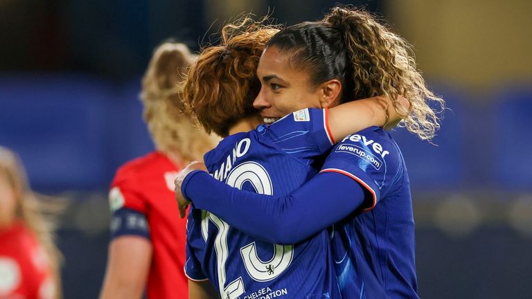 Chelsea's Catarina Macario celebrates with Maika Hamano