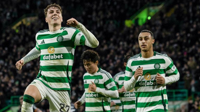 GLASGOW, SCOTLAND - DECEMBER 26: Celtic's Arne Engels celebrates scoring a penalty to make it 1-0 during a William Hill Premiership match between Celtic and Motherwell at Celtic Park, on December 26, 2024, in Glasgow, Scotland. (Photo by Craig Foy / SNS Group)