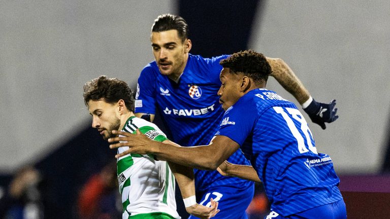 ZAGREB, CROATIA - DECEMBER 10: Celtic...s Nicolas Kuhn and Dinamo Zagreb...s Ronael Pierre-Gabriel in action during a UEFA Champions League 2024/25 League Phase MD5 match between GNK Dinamo Zagreb and Celtic at Maksimir Stadium, on December 10, 2024, in Zagreb, Croatia. (Photo by Craig Williamson / SNS Group)