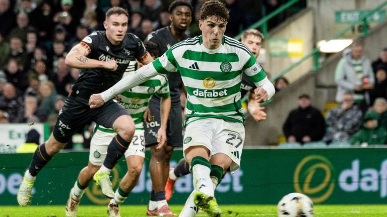 GLASGOW, SCOTLAND - DECEMBER 26: Arne Engels of Celtic scores a penalty to make it 1-0 during the William Hill Premiership match between Celtic and Motherwell at Celtic Park on December 26, 2024 in Glasgow, Scotland. (Photo: Craig Foy / SNS Group)