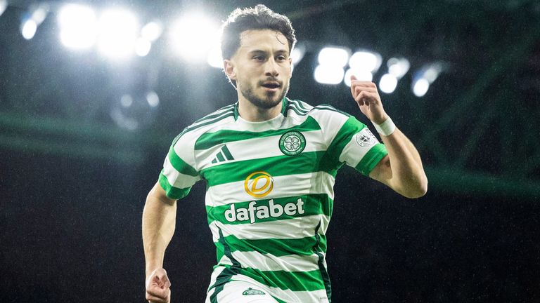 GLASGOW, SCOTLAND - DECEMBER 29: Celtic's Nicolas Kuhn celebrates scoring to make it 1-0 during a William Hill Premiership match between Celtic and St Johnstone at Celtic Park, on December 29, 2024, in Glasgow, Scotland. (Photo by Ross MacDonald / SNS Group)