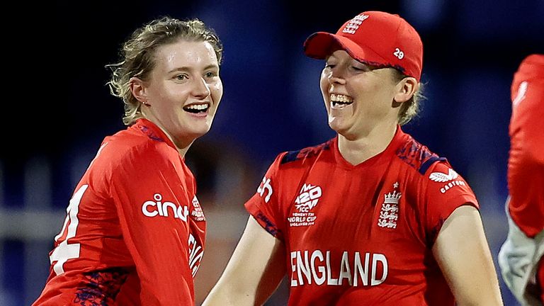 Charlie Dean celebrates with England captain Heather Knight