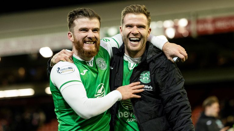 Nicky Cadden and Chris Cadden celebrate at Pittodrie