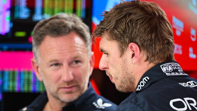 RED BULL RING, AUSTRIA - JUNE 28: Christian Horner, Team Principal, Red Bull Racing, with Max Verstappen, Red Bull Racing during the Austrian GP at Red Bull Ring on Friday June 28, 2024 in Spielberg, Austria. (Photo by Mark Sutton / Sutton Images)