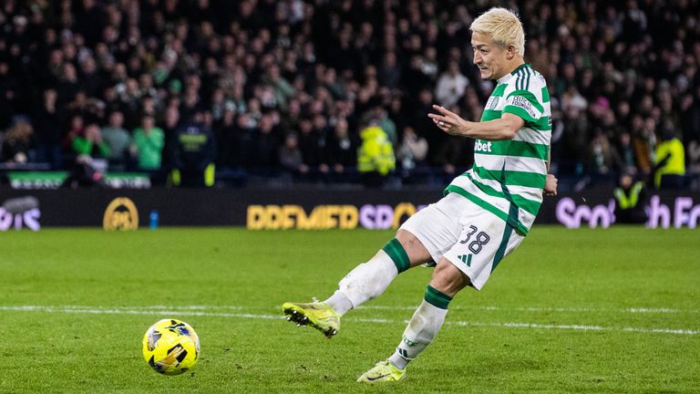 GLASGOW, SCOTLAND - DECEMBER 15: Celtic's Daizen Maeda scores the winning penalty in the shootout during the Premier Sports Cup Final between Celtic and Rangers at Hampden Park, on December 15, 2024, in Glasgow, Scotland. (Photo by Alan Harvey / SNS Group)