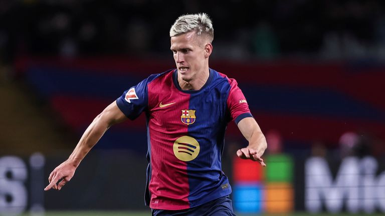 Dani Olmo of FC Barcelona in action during the Spanish league, La Liga EA Sports, football match played between FC Barcelona and Atletico de Madrid at Estadio Olimpico de Montjuic on December 21, 2024 in Barcelona, Spain. AFP7 21/12/2024 (Europa Press via AP)