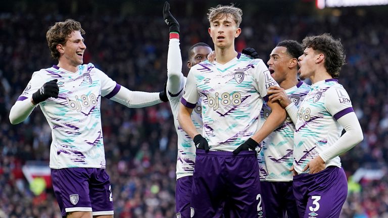 Bournemouth's Dean Huijsen (centre) celebrates with team-mates after scoring the opening goal 