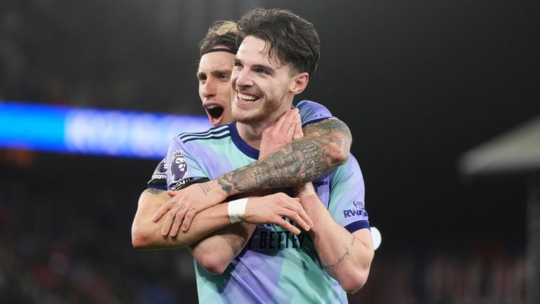 Declan Rice celebrates scoring Arsenal's fifth with Riccardo Calafiori