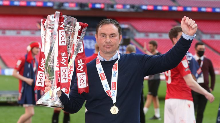 Derek Adams secured promotion to League One with Morecambe in 2021