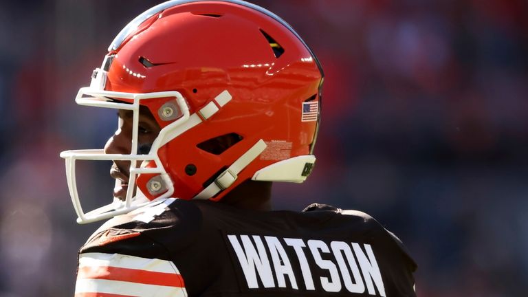 Cleveland Browns quarterback Deshaun Watson (4) stands on the field during an NFL football game against the Cincinnati Bengals, Sunday, Oct. 20, 2024, in Cleveland. (AP Photo/Kirk Irwin)