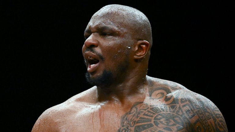 Dillian Whyte reacts after his heavyweight bout against Christian Hammer was stopped by Hammer's corner