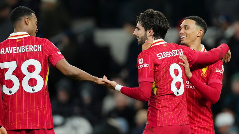 Liverpool's Dominik Szoboszlai celebrates with team-mates after scoring his side's third goal during (AP Photo/Dave Shopland)