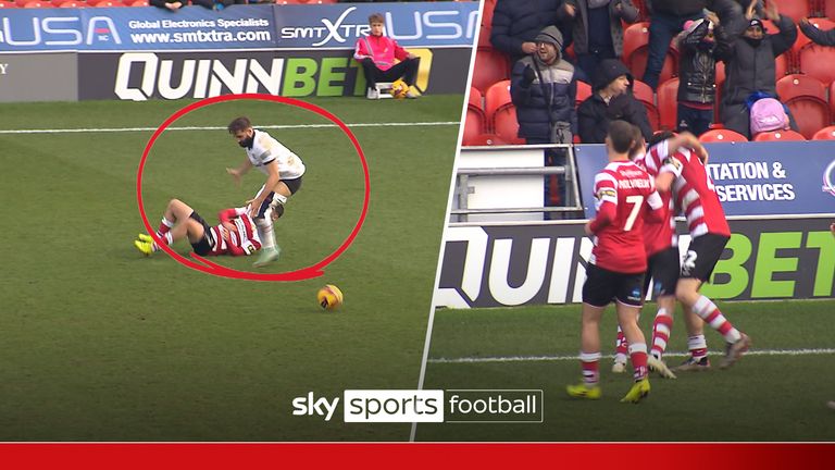 Patrick Kelly gets Doncaster’s second goal after Tranmere’s defender makes a blunder when his shorts fell in pursuit of the ball.