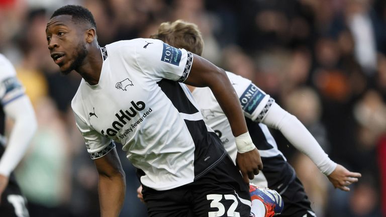 Ebou Adams celebrates after opening the scoring for Derby against Sheffield Wednesday