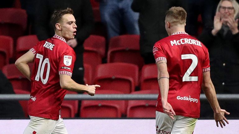 Scott Twine celebrates after opening the scoring for Bristol City against Luton