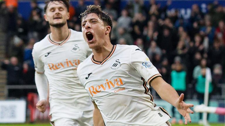 Goncalo Franko celebrates after scoring from Swansea against Luton