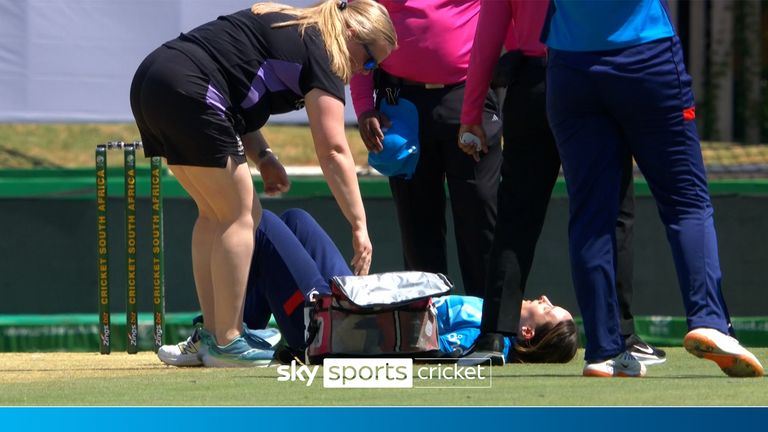 England faces an injury blow in their third ODI against South Africa when Kate Cross falls over in her follow-through and struggles to get back up.