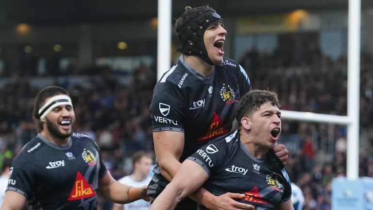 Exeter Chiefs celebrate victory over Gloucester at Sandy Park