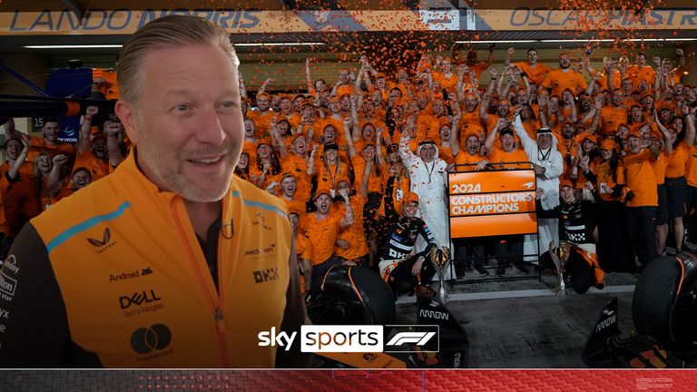 Mclaren team members celebrate winning the constructors championship after the Formula One Abu Dhabi Grand Prix at the Yas Marina Circuit in Abu Dhabi, UAE, Sunday, Dec. 8, 2024. 