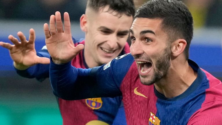 Barcelona's Ferran Torres celebrates his side's second goal during the Champions League opening phase soccer match between Borussia Dortmund and FC Barcelona at the Signal-Iduna Park in Dortmund, Germany, Wednesday Dec. 11, 2024. (AP Photo/Martin Meissner)