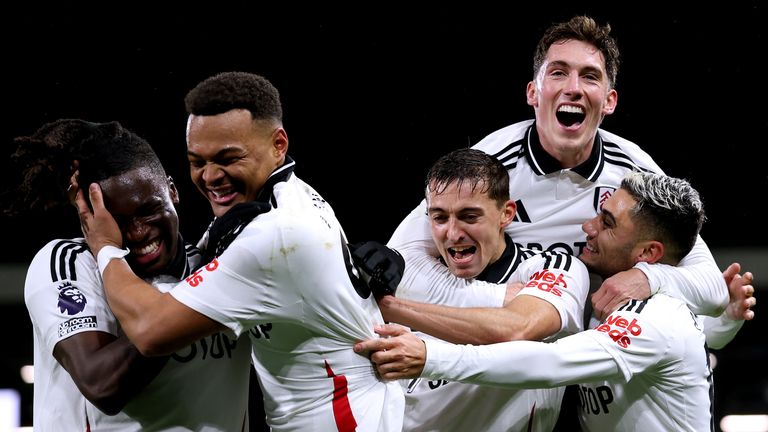 Fulham celebrate Matt O'Riley's own goal which gave them a 2-1 lead against Brighton