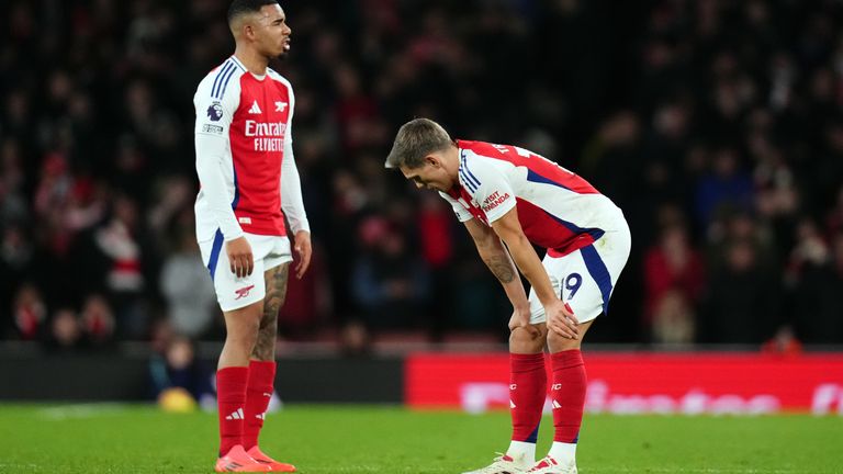 Gabriel Jesus and Leandro Trossard show their disappointment after Arsenal's goalless draw with Everton