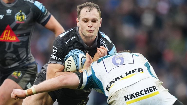 Exeter Chiefs' Tommy Wyatt is tackled by Gloucester's Jack Clement during the Gallagher Premiership match (PA Images)