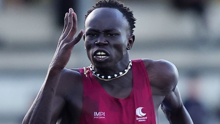 ADELAIDE, AUSTRALIA - APRIL 11: Gout Gout of Queensland winning the mens u20 100m during the 2024 2024 Australian Athletics Championships at SA Athletics Stadium on April 11, 2024 in Adelaide, Australia. (Photo by Sarah Reed/Getty Images)