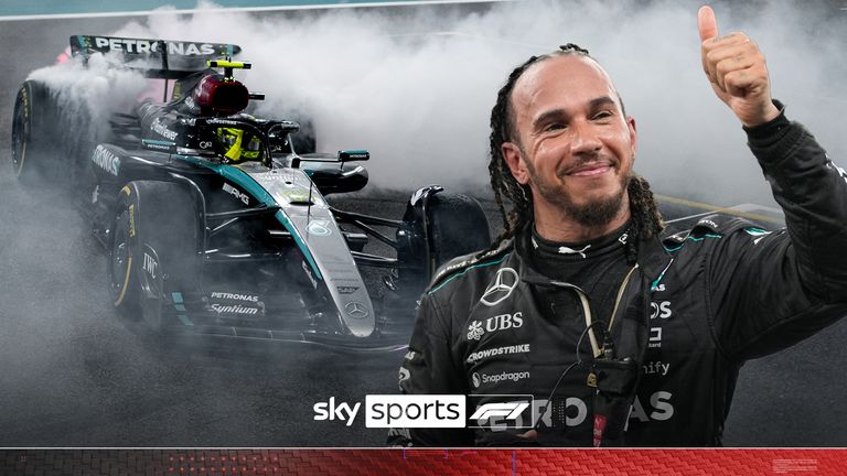 8 December 2024, Abu Dhabi, United Arab Emirates: British driver LEWIS HAMILTON (Mercedes-AMG F1 Team) celebrates by doing donuts in his car after the Abu Dhabi Formula 1 Grand Prix at Yas Marina Circuit. Hamilton finished 4th, after starting 16th.