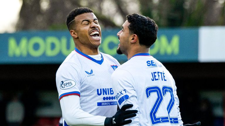 Rangers' Hamza Igamane celebrates with Jefte after scoring to make it 1-0