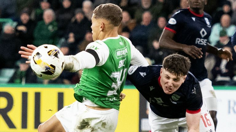 EDINBURGH, SCOTLAND - DECEMBER 14: Ross County&#39;s George Harmon brings down Dwight Gayle in the box and a penalty is awarded during a William Hill Premiership match between Hibernian and Ross County at Easter Road, on December 14, 2024, in Edinburgh, Scotland. (Photo by Paul Devlin / SNS Group)