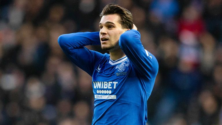 GLASGOW, SCOTLAND - DECEMBER 21: Rangers' Ianis Hagi reacts as his shot hits the crossbar during a William Hill Premiership match between Rangers and Dundee at Ibrox Stadium, on December 21, 2024, in Glasgow, Scotland. (Photo by Alan Harvey / SNS Group)