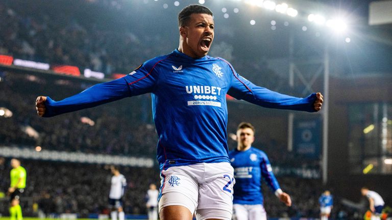 GLASGOW, SCOTLAND - DECEMBER 12: Rangers Hamza Igamane celebrates scoring to make it 1-0 during a UEFA Europa League 2024/25 League Phase MD6 match between Rangers and Tottenham Hotspur at Ibrox Stadium, on December 12, 2024, in Glasgow, Scotland. (Photo by Alan Harvey / SNS Group)