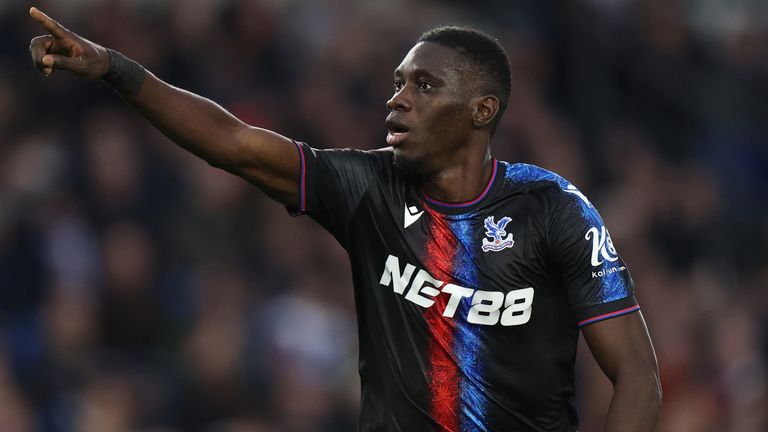 Ismaila Sarr celebrates after his second goal seals the points for Crystal Palace at Brighton