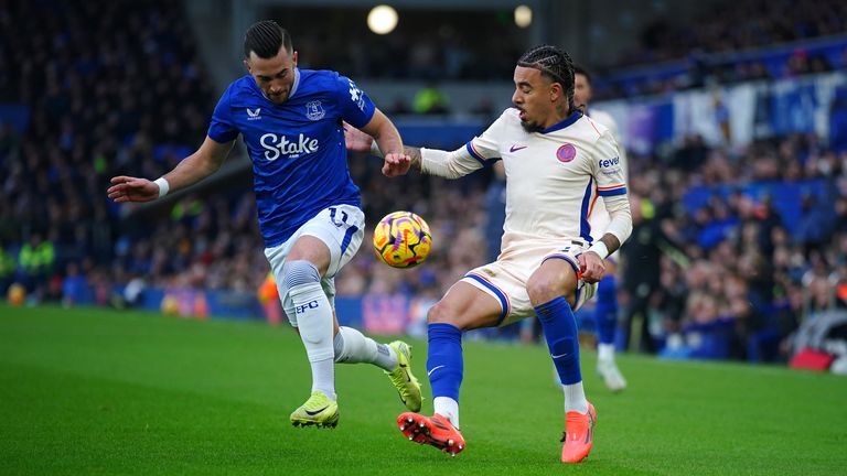 Everton's Jack Harrison and Chelsea's Malo Gusto battle for the ball 