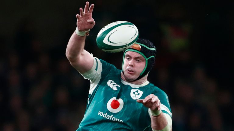 Ireland's James Ryan returns the ball to a lineout during the Autumn Nations Series rugby match between Ireland and New Zealand at the Aviva Stadium in Dublin, Ireland, Friday, November 8, 2024. (AP Photo /Peter Morrison)