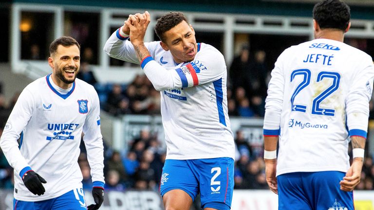 Rangers' James Tavernier celebrates after scoring to make it 3-0