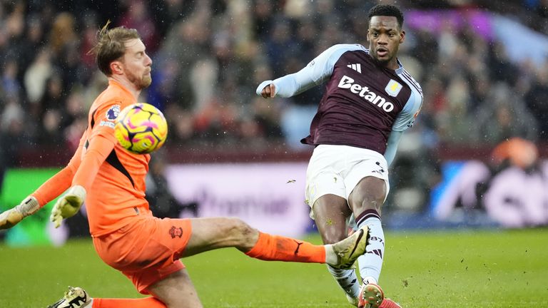 Aston Villa's Jhon Duran (right) scores the opening goal