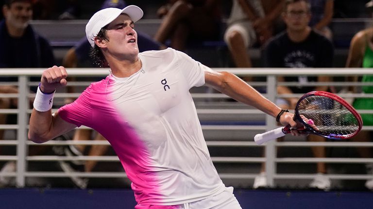 Joao Fonseca, of Brazil, reacts in the third set against Learner Tien, of the United States, during the junior boys singles final of the U.S. Open tennis championships, Saturday, Sept. 9, 2023, in New York. (AP Photo/Charles Krupa)