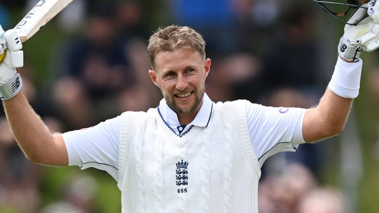 England's Joe Root reacts after scoring a century during play on day three of the second cricket test between New Zealand and England at the Basin Reserve in Wellington, New Zealand, Sunday, Dec.8, 2024. (Andrew Cornaga/Photosport via AP)