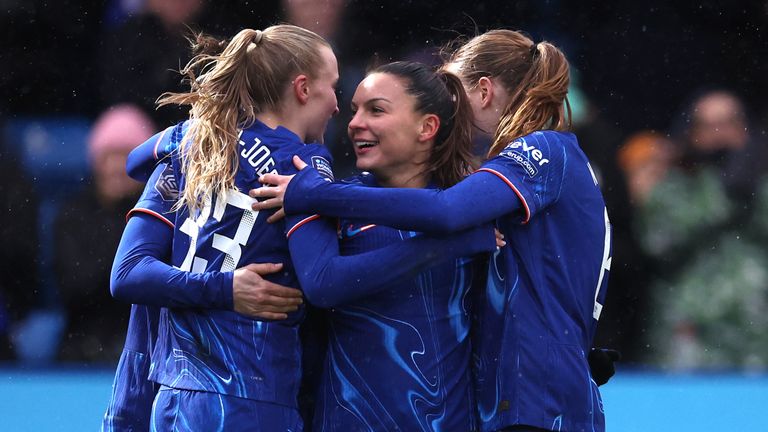 Chelsea's Johanna Rytting Kaneryd (second right) celebrates scoring their third goal 