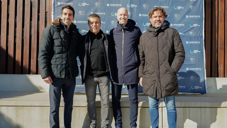 Isaac Cuenca (left) and Roger Garcia (right) with Jordi Cruyff at the Cruyff Football Tournament in Salou