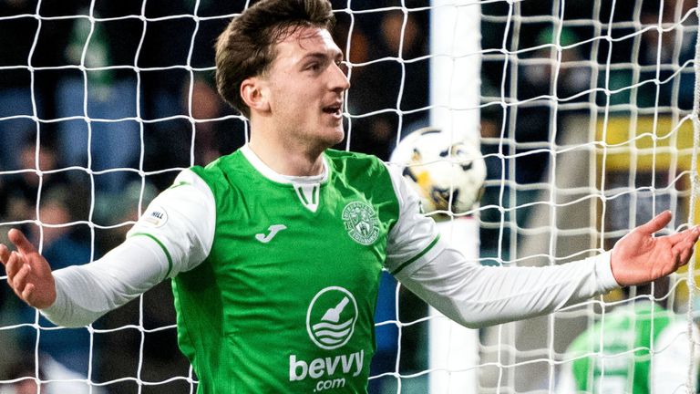 EDINBURGH, SCOTLAND - DECEMBER 14: Hibs Josh Campbell celebrates after scoring to make it 3-1 during a William Hill Premiership match between Hibernian and Ross County at Easter Road, on December 14, 2024, in Edinburgh, Scotland. (Photo by Paul Devlin / SNS Group)