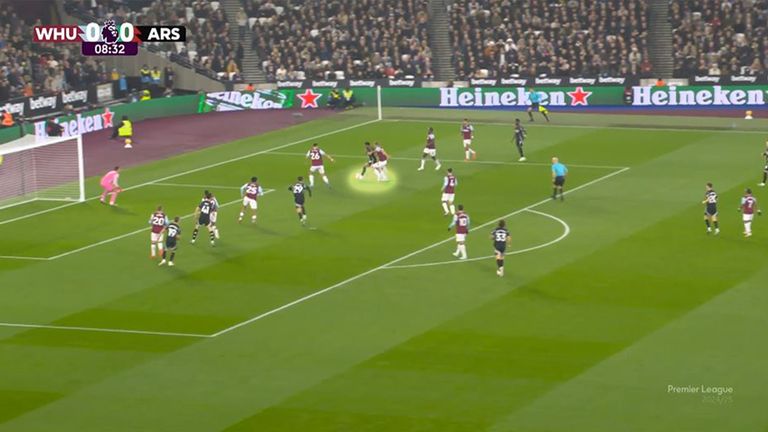 Timber charges into the box in the first half of the game against West Ham