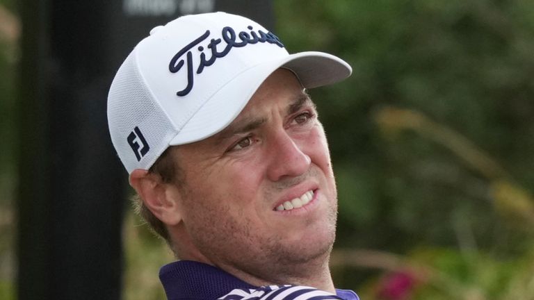 Justin Thomas, of the United States, watches his drive on the third hole during the third round of the Hero World Challenge PGA Tour at the Albany Golf Club, in New Providence, Bahamas, Saturday, Dec. 7, 2024. (AP Photo/Fernando Llano)