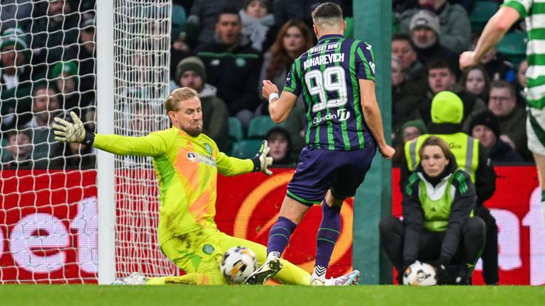 Hibernian's Mykola Kuharevich has a shot saved by Celtic's Kasper Schmeichel 