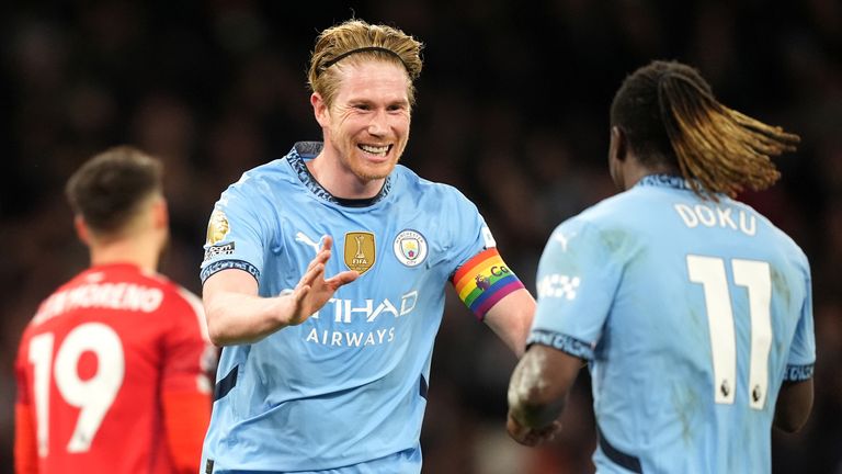 Kevin De Bruyne celebrates after making it 2-0