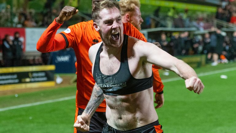 Dundee United's Kevin Holt celebrates scoring to make it 1-0 during a William Hill Premiership match between Dundee United and Aberdeen 