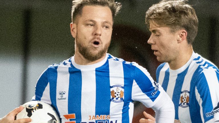 DUNDEE, SCOTLAND - DECEMBER 07: Kilmarnock's Bruce Anderson celebrates after scoring from the penalty spot to make it 1-1 during a William Hill Premiership match between Dundee United and Kilmarnock at Tannadice Park, on December 07, 2024, in Dundee, Scotland. (Photo by Paul Devlin / SNS Group)